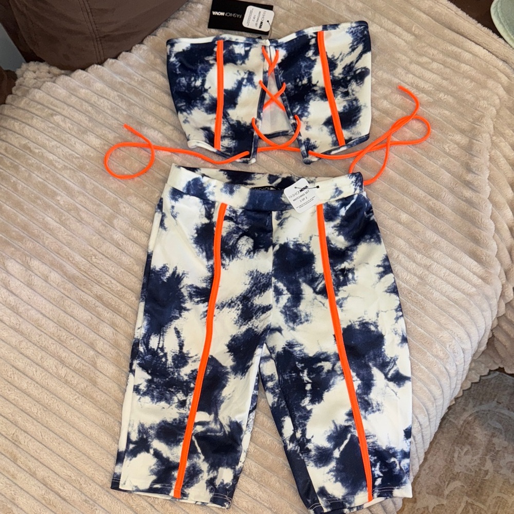 Tie-Dye Two-Piece Biker Short Set with Neon Orange Accents